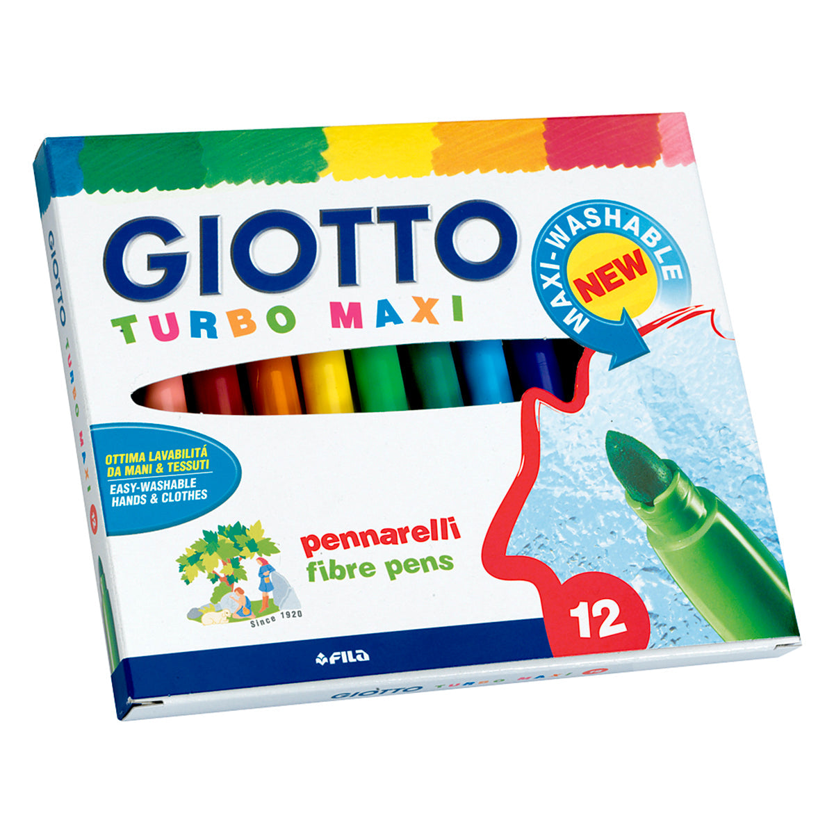 GIOTTO - Estuche 12 Rotuladores Maxi-Turbo, Súper Lavables con la Punta Bloqueada