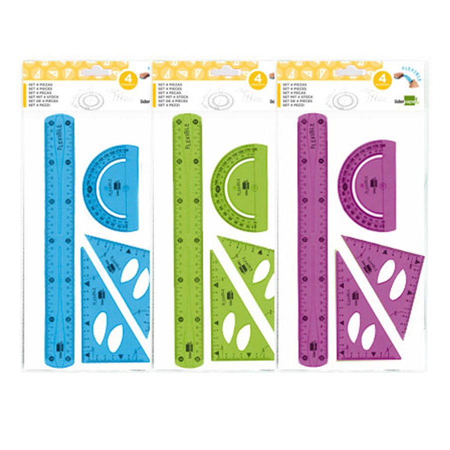 LIDERPAPEL - Juego Escuadra, Cartabón, Regla y Semicírculo Plástico Flexible Colores Surtidos