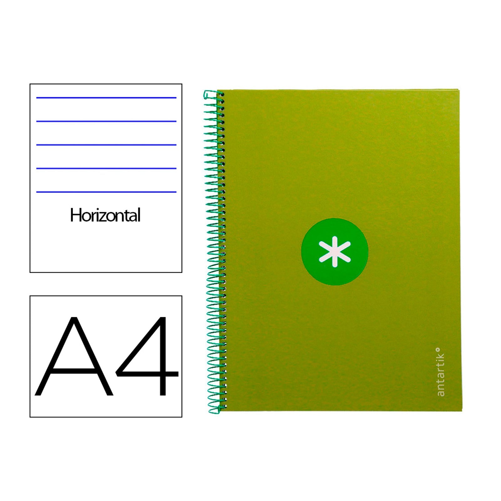 Antartik - Libreta Rayada A4 con Espiral y Tapa Dura. 1 Banda de Color. Verde