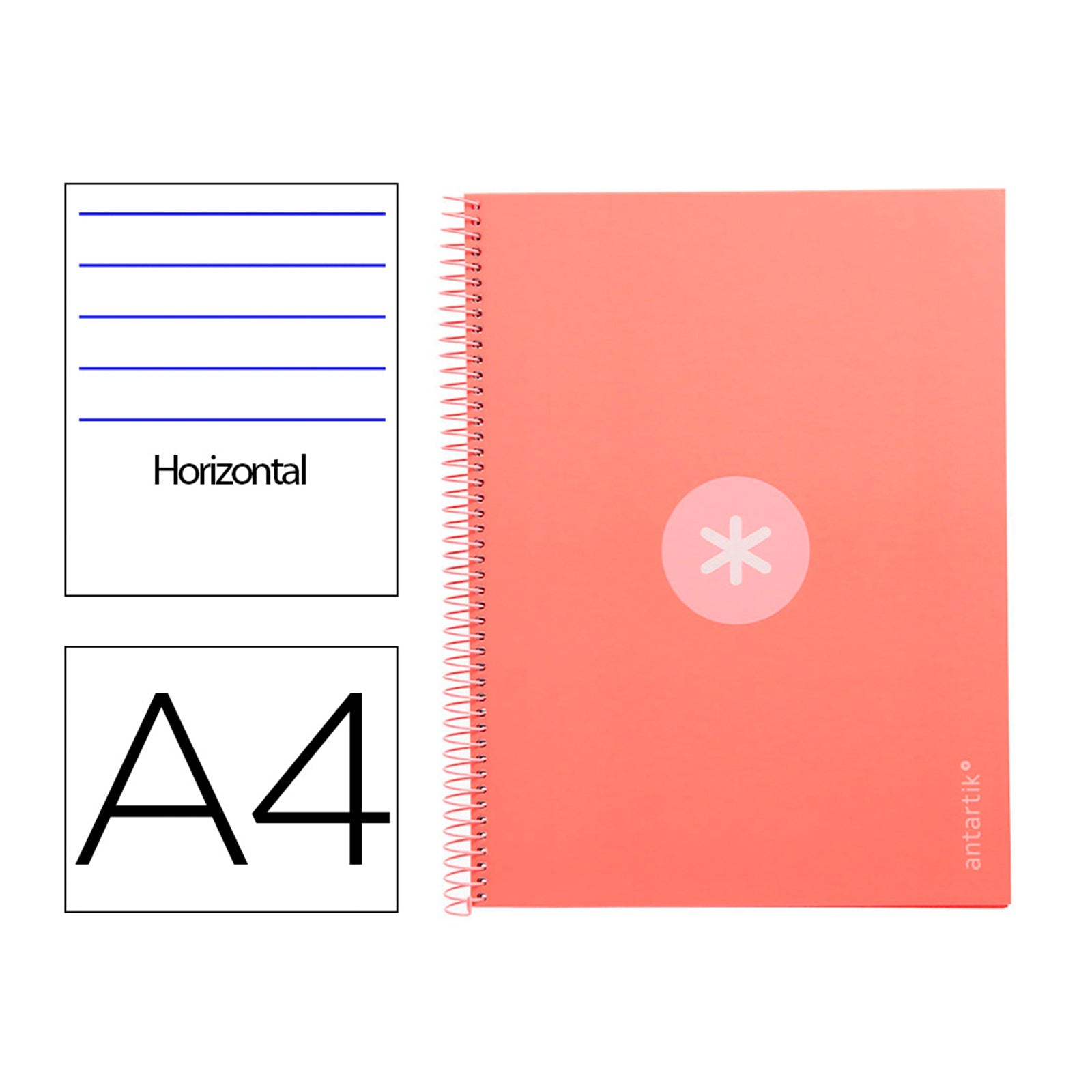Antartik - Libreta Rayada A4 con Espiral y Tapa Dura. 1 Banda de Color. Coral