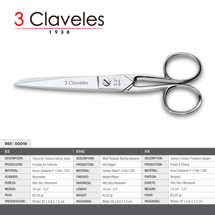 3 Claveles - Tijeras de Costura Profesionales Tipo Catalanas, Varios Usos, 14 cm - 5.5"