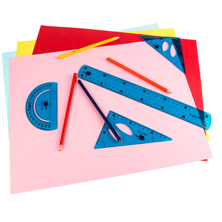 LIDERPAPEL - Juego Escuadra, Cartabón, Regla y Semicírculo Plástico Flexible Colores Surtidos
