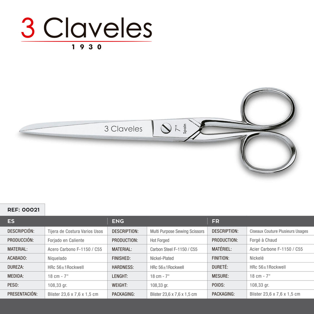 3 Claveles - Tijeras de Costura Profesionales Tipo Catalanas , Varios Usos, 18 cm - 7"