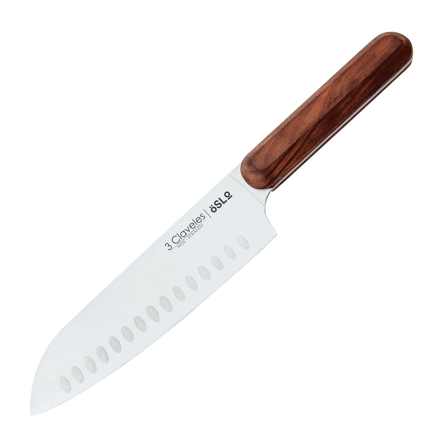 3 Claveles Oslo - Cuchillo Santoku Profesional 17.5 cm Acero Estampado y Mango Madera de Nogal