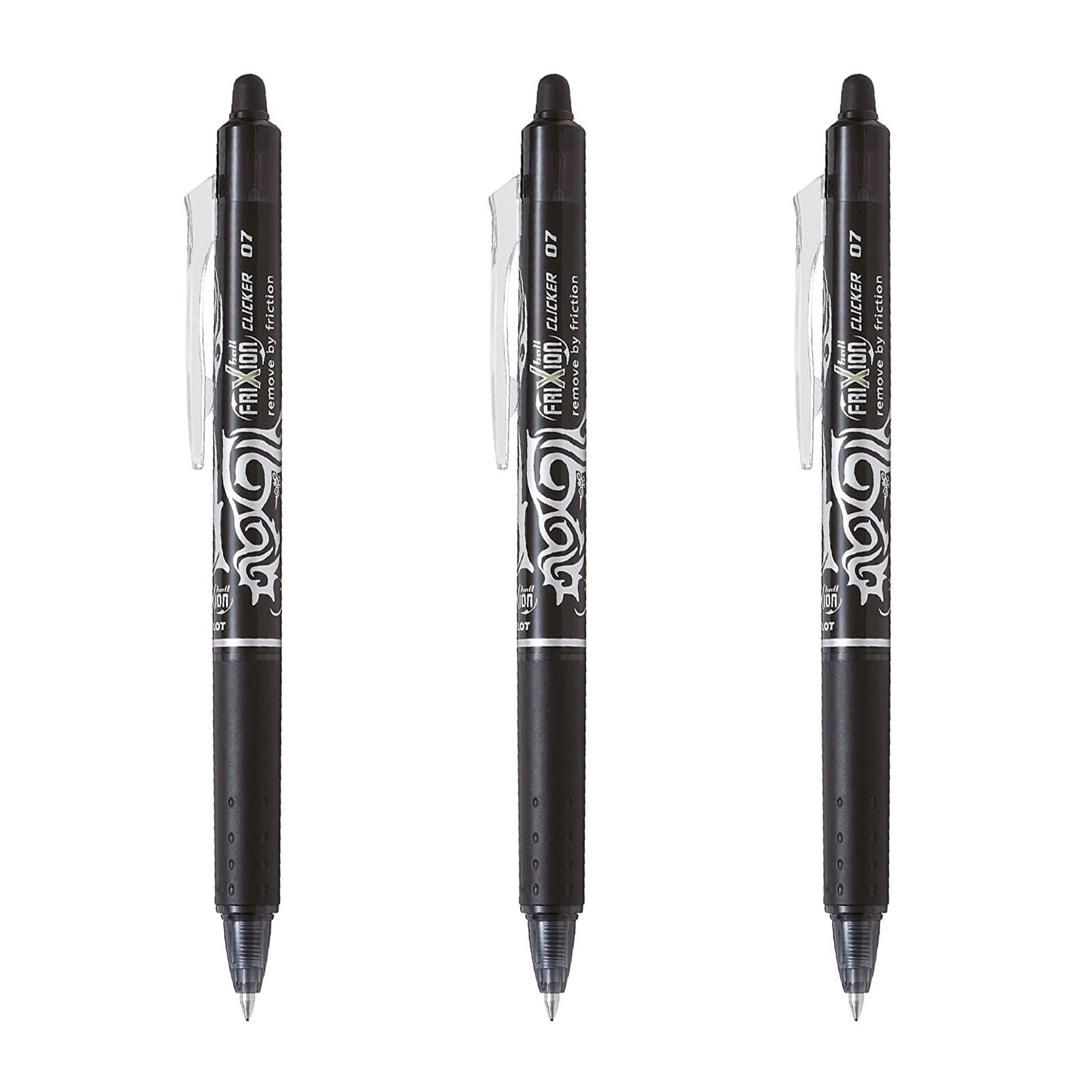 PILOT - Set de 3 Bolígrafos FriXion Ball Clicker Borrables y Recargables 0.7 mm. Negro