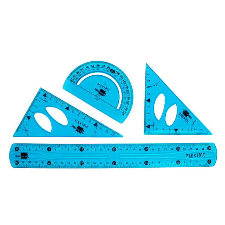 LIDERPAPEL - Juego Escuadra, Cartabón, Regla y Semicírculo Plástico Flexible Colores Surtidos