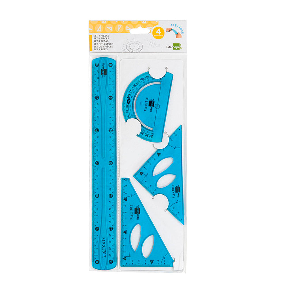 LIDERPAPEL - Juego Escuadra, Cartabón, Regla y Semicírculo Plástico Flexible Colores Surtidos