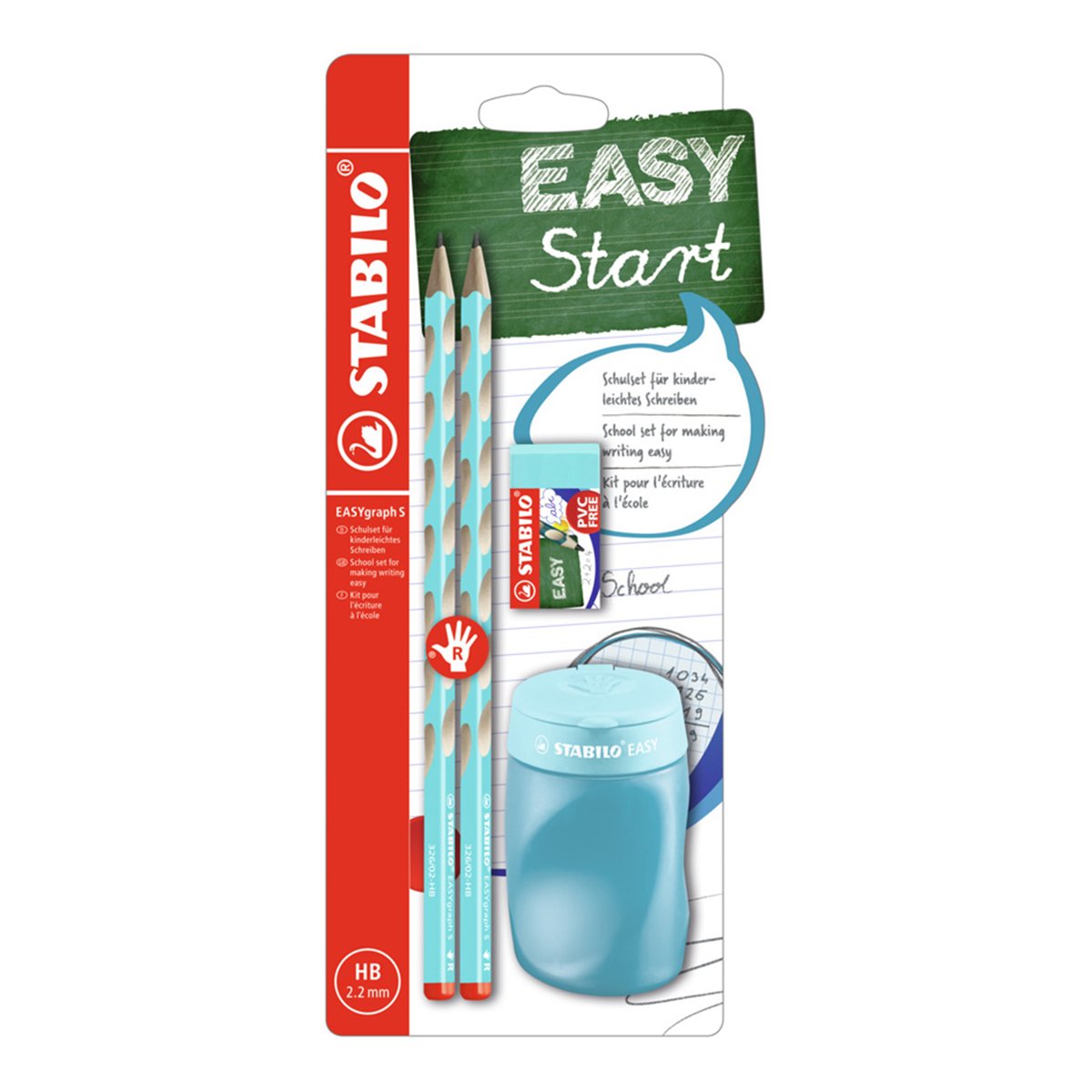 STABILO B-56671-3 - Set Escolar 2 Lápices de Grafito Ergonómicos EASYgraph con Goma y Sacapuntas, Diestros
