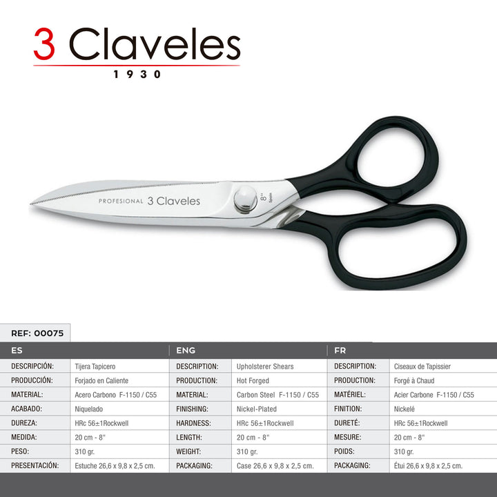 3 Claveles - Tijeras Multiuso Profesionales Forjadas Tipo Tapicero de 20 cm - 8"