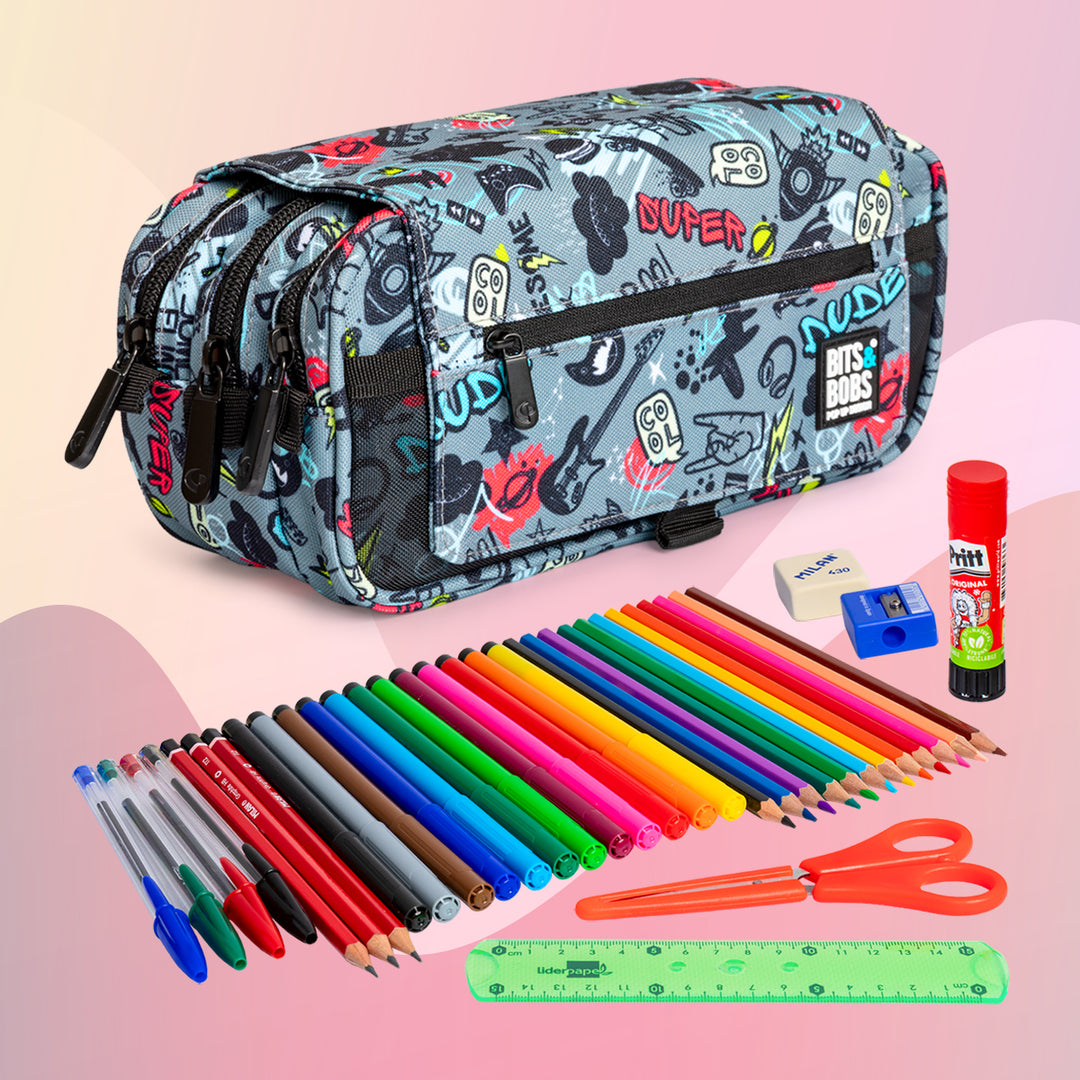 ColePack EcoDes - Estuche Triple de 3 Cremalleras con Material Escolar Incluido. Awesome