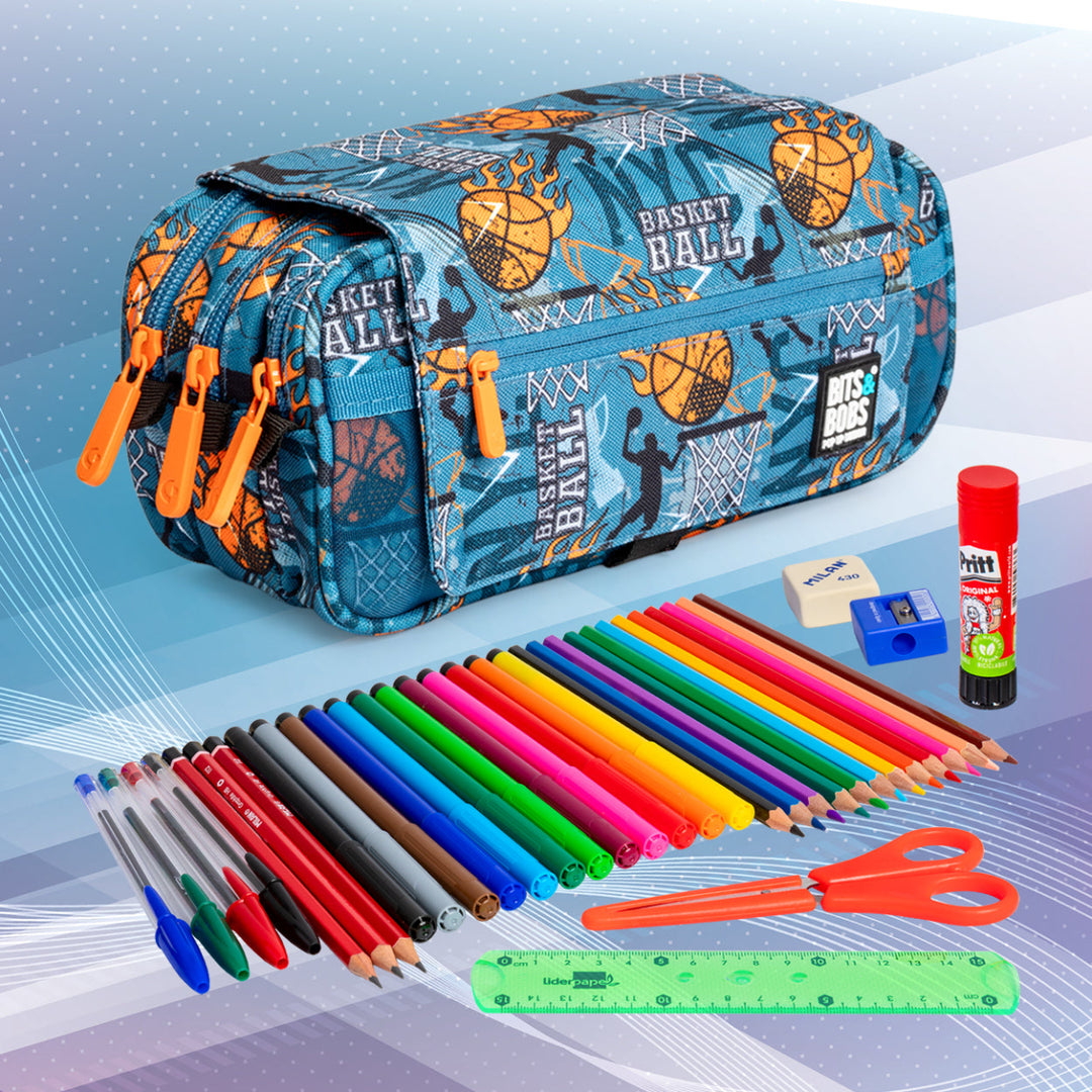 ColePack EcoDes - Estuche Triple de 3 Cremalleras con Material Escolar Incluido. Basketball