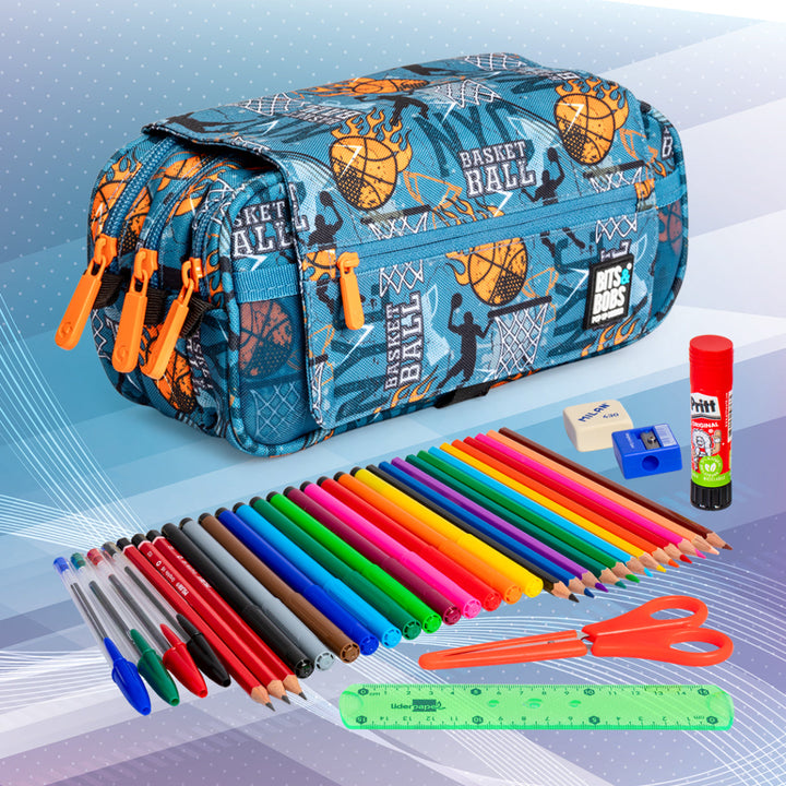 ColePack EcoDes - Estuche Triple de 3 Cremalleras con Material Escolar Incluido. Basketball