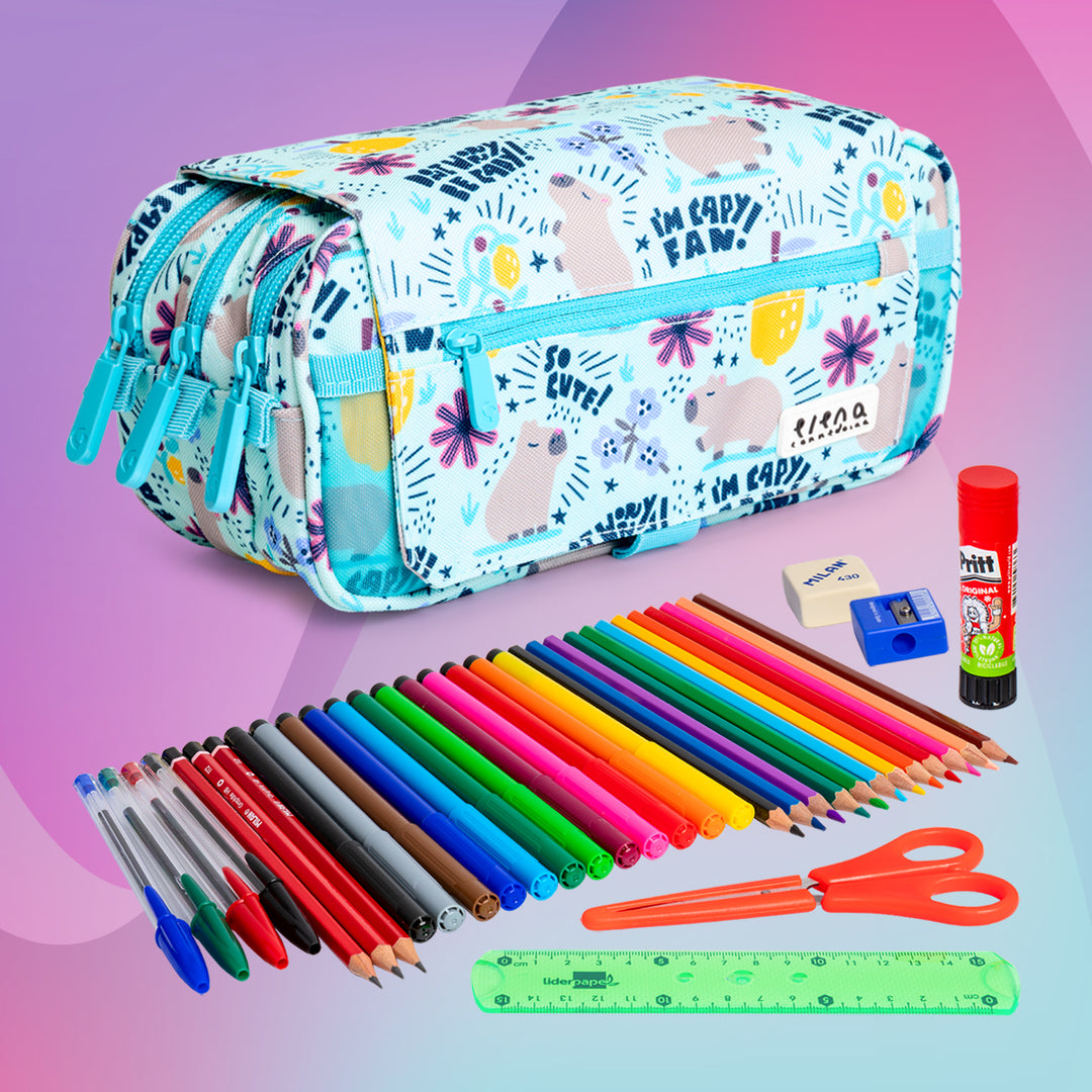 ColePack EcoDes - Estuche Triple de 3 Cremalleras con Material Escolar Incluido. Cheerful