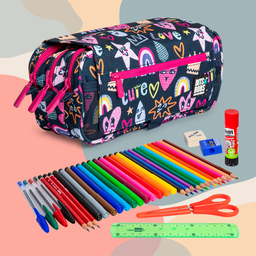 ColePack EcoDes - Estuche Triple de 3 Cremalleras con Material Escolar Incluido. Cute