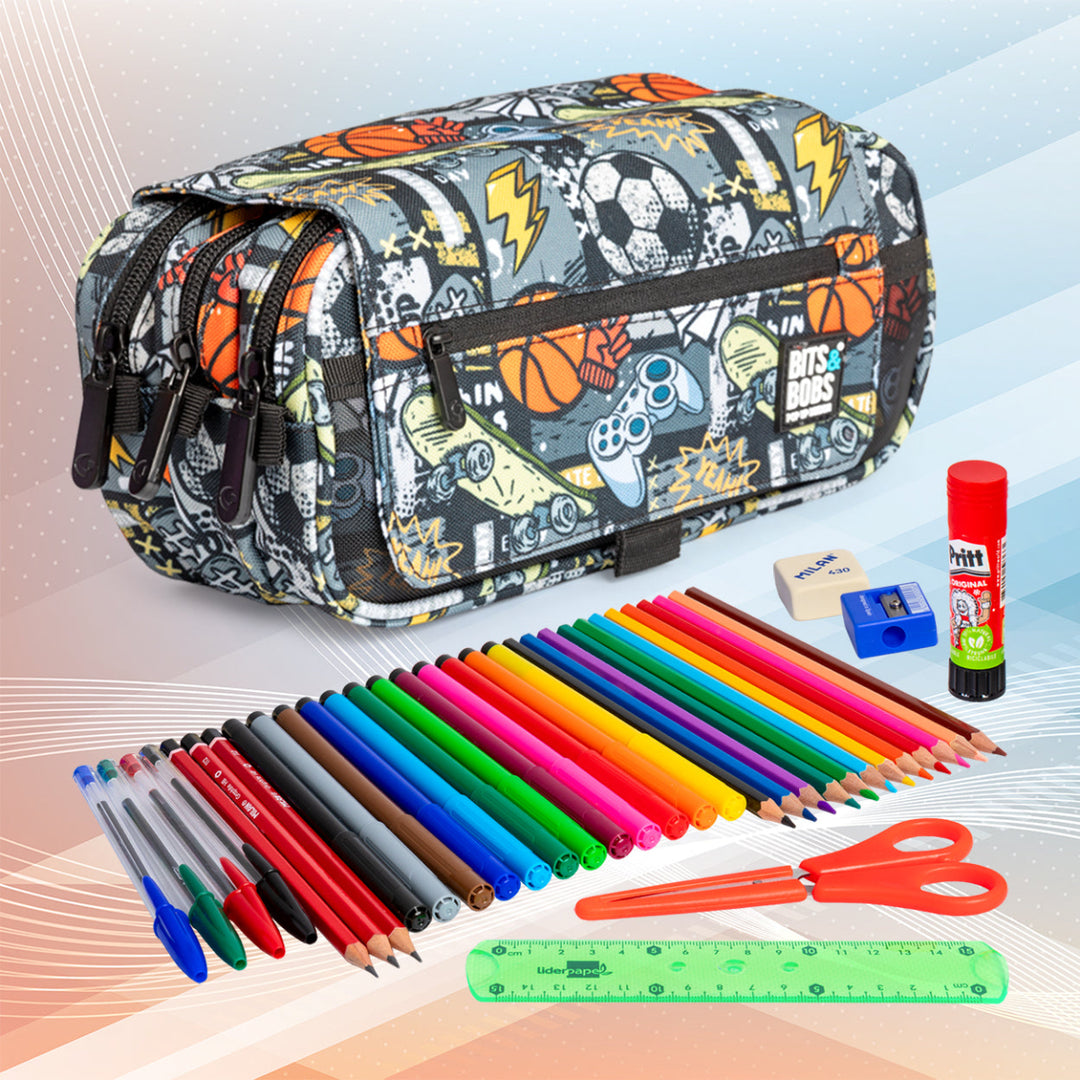 ColePack EcoDes - Estuche Triple de 3 Cremalleras con Material Escolar Incluido. Free Sport
