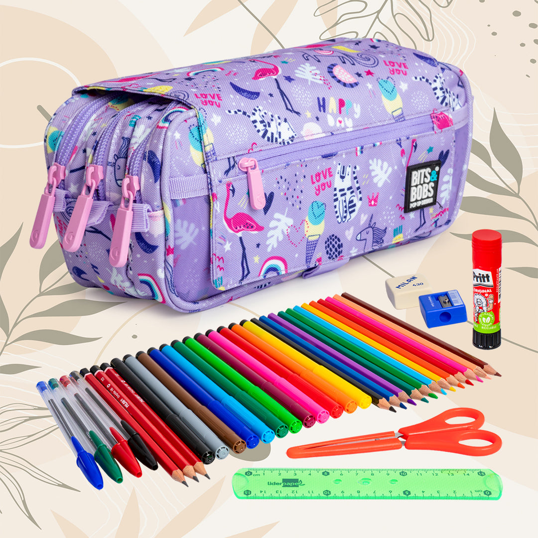 ColePack EcoDes - Estuche Triple de 3 Cremalleras con Material Escolar Incluido. Happy