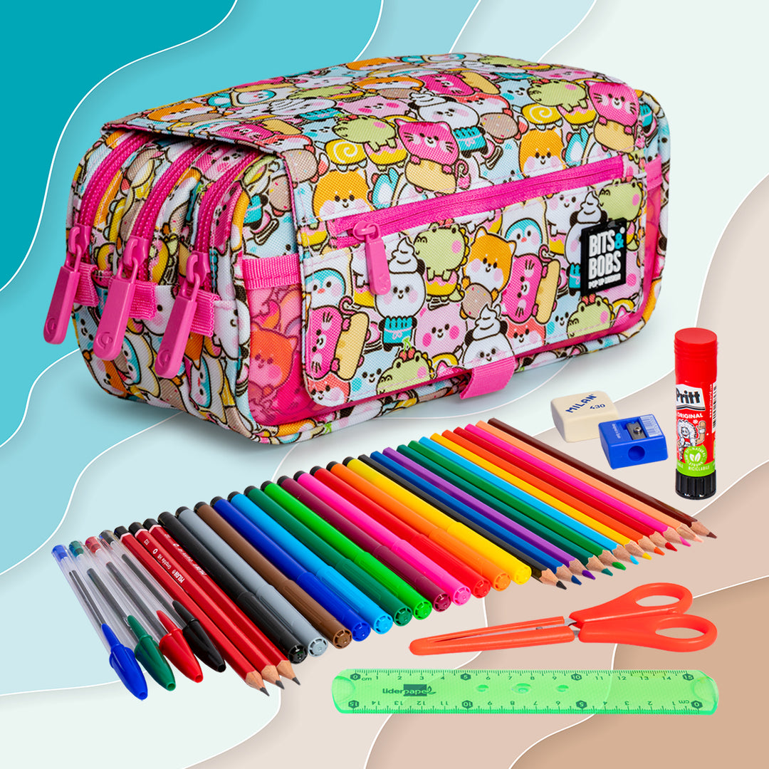 ColePack EcoDes - Estuche Triple de 3 Cremalleras con Material Escolar Incluido. Kawaii