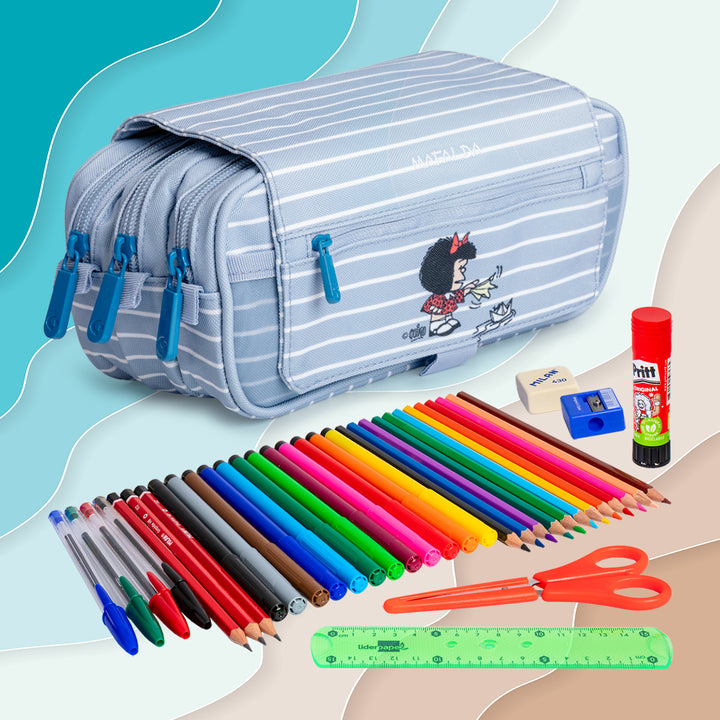 ColePack EcoDes - Estuche Triple de 3 Cremalleras con Material Escolar Incluido. Mafalda Boat