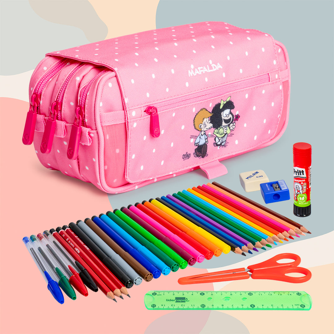 ColePack EcoDes - Estuche Triple de 3 Cremalleras con Material Escolar Incluido. Mafalda Friends