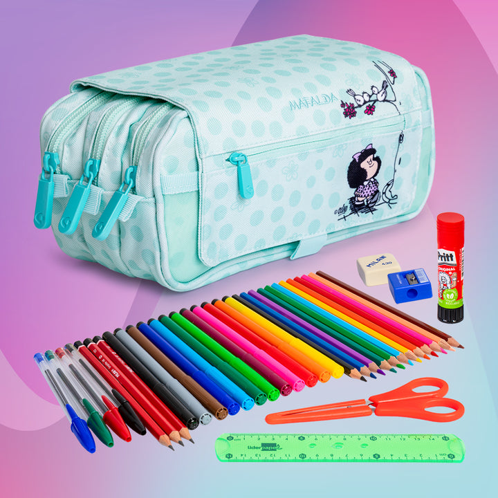 ColePack EcoDes - Estuche Triple de 3 Cremalleras con Material Escolar Incluido. Mafalda Kiss
