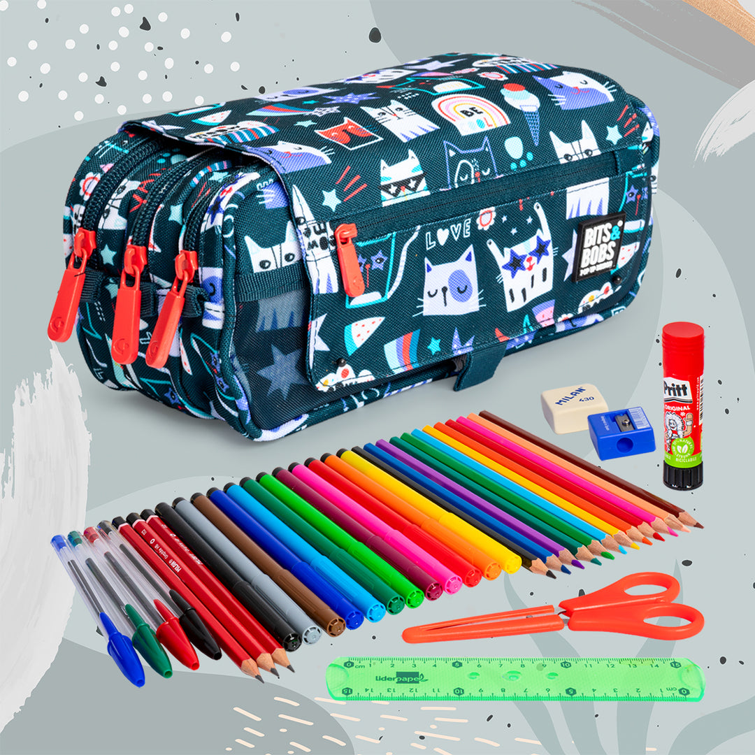 ColePack EcoDes - Estuche Triple de 3 Cremalleras con Material Escolar Incluido. Miau
