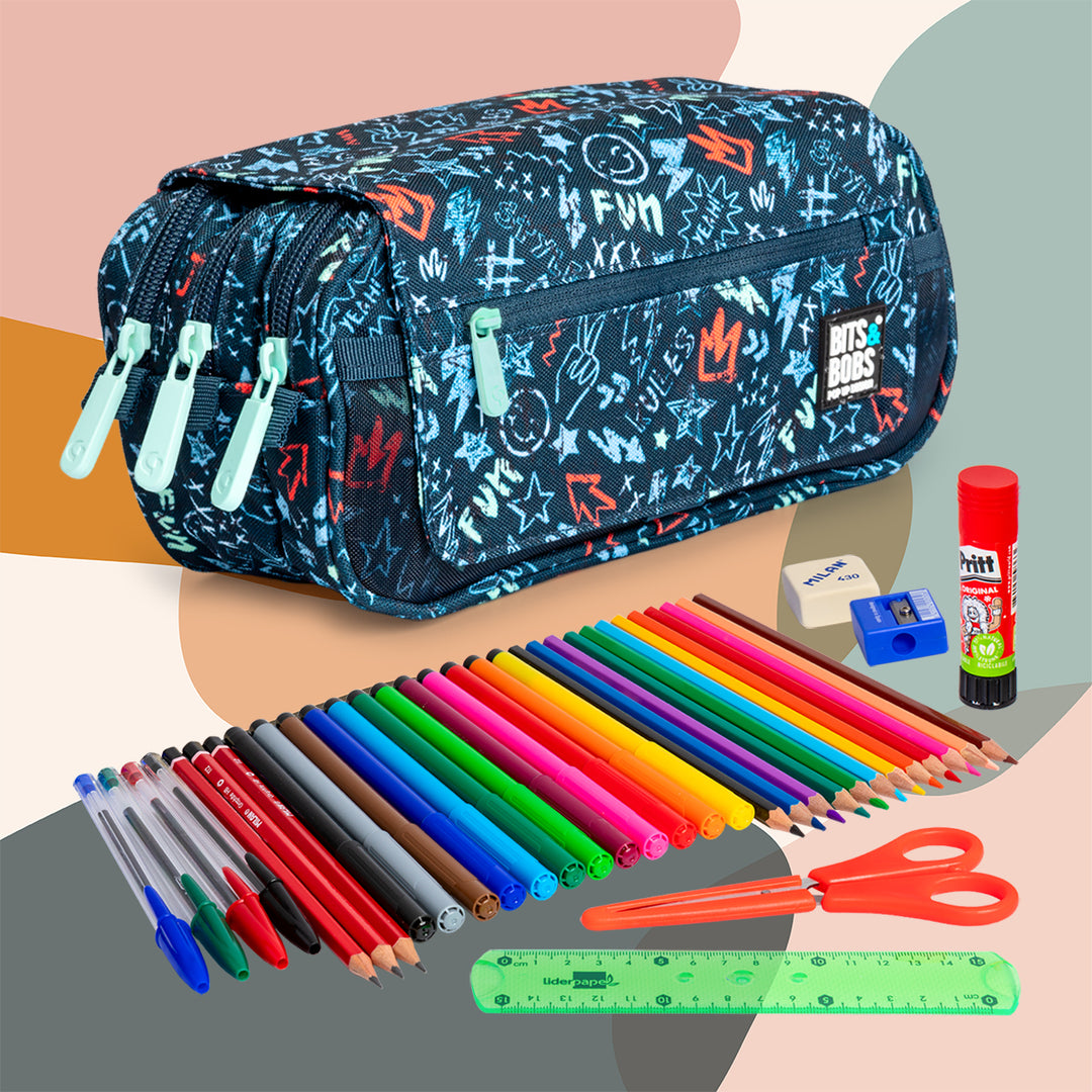 ColePack EcoDes - Estuche Triple de 3 Cremalleras con Material Escolar Incluido. Peace
