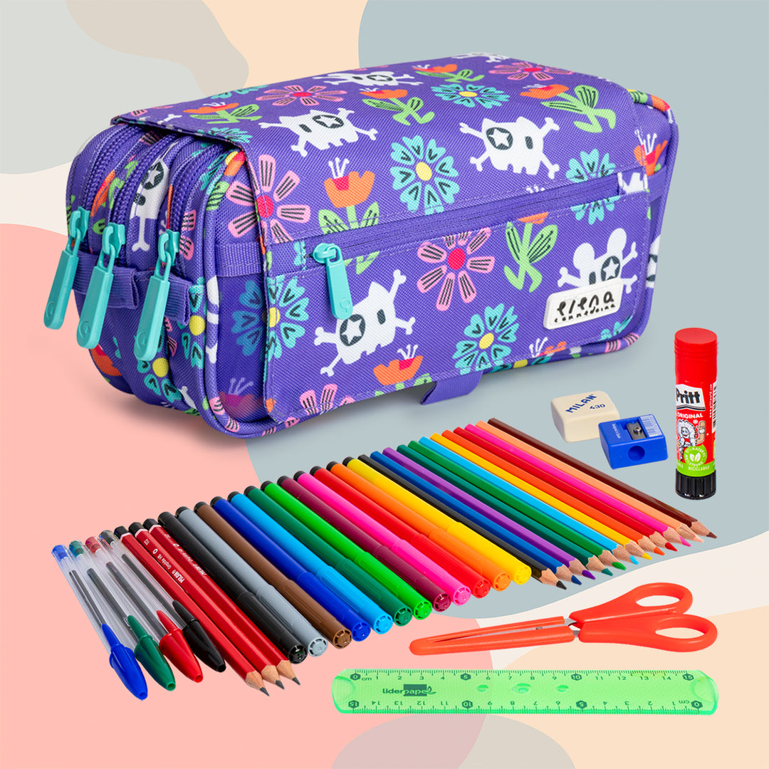 ColePack EcoDes - Estuche Triple de 3 Cremalleras con Material Escolar Incluido. Pirate