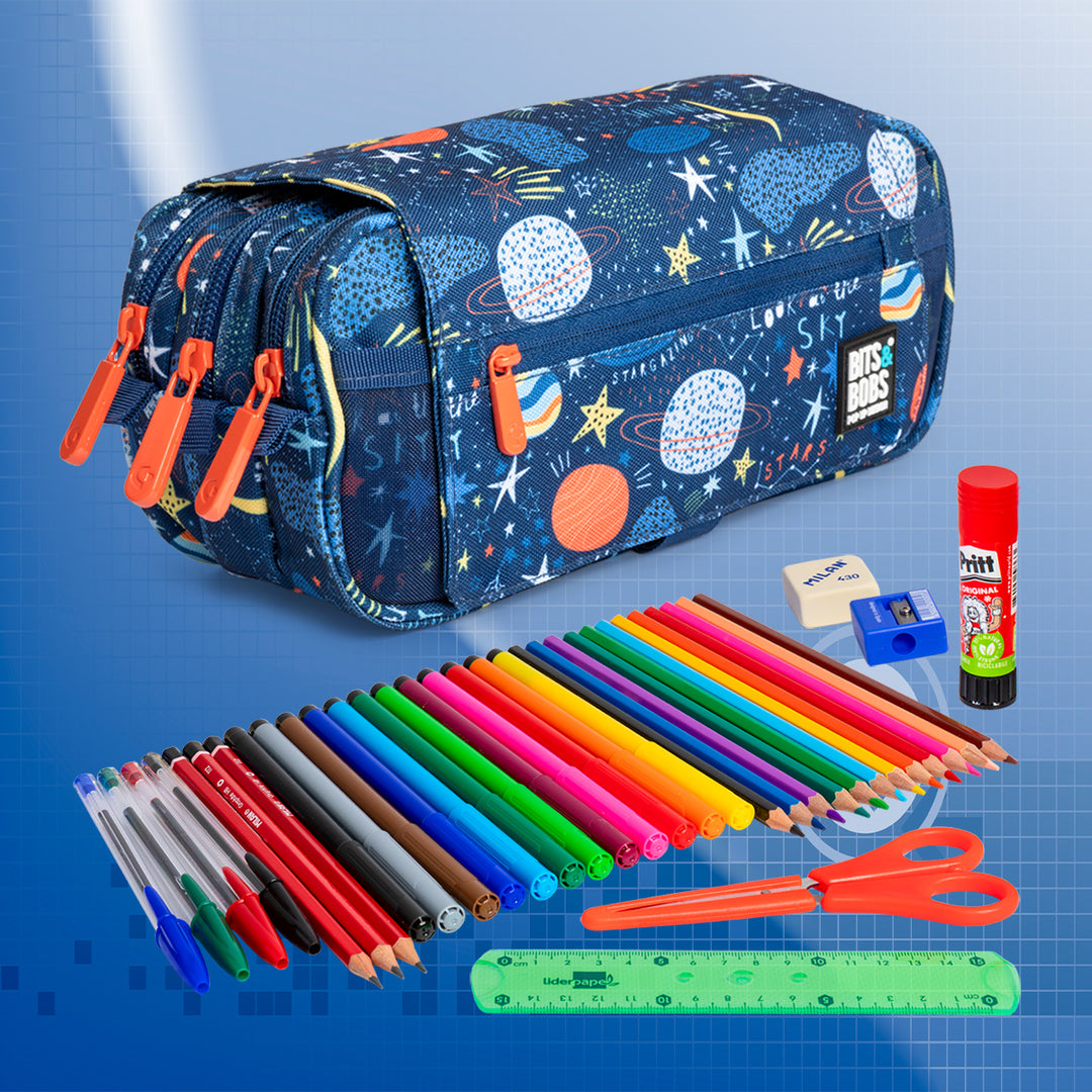 ColePack EcoDes - Estuche Triple de 3 Cremalleras con Material Escolar Incluido. Planets