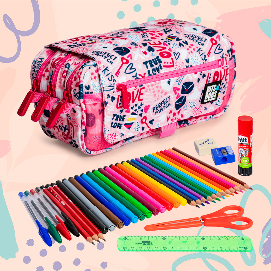 ColePack EcoDes - Estuche Triple de 3 Cremalleras con Material Escolar Incluido. True Love