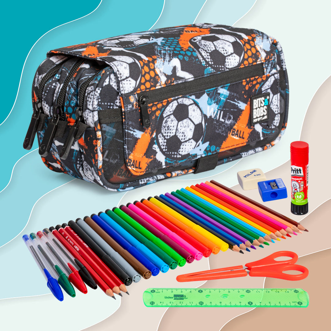 ColePack EcoDes - Estuche Triple de 3 Cremalleras con Material Escolar Incluido. Wild FootBall