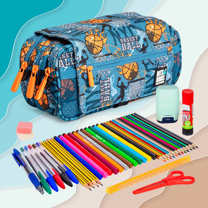 ColePack Design - Estuche Triple de 3 Cremalleras con Material Escolar Incluido. Basketball