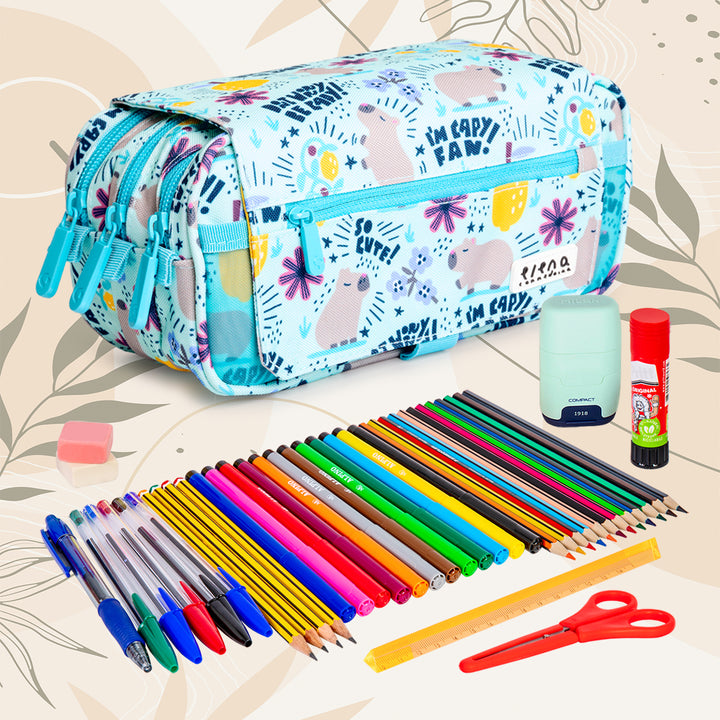 ColePack Design - Estuche Triple de 3 Cremalleras con Material Escolar Incluido. Cheerful