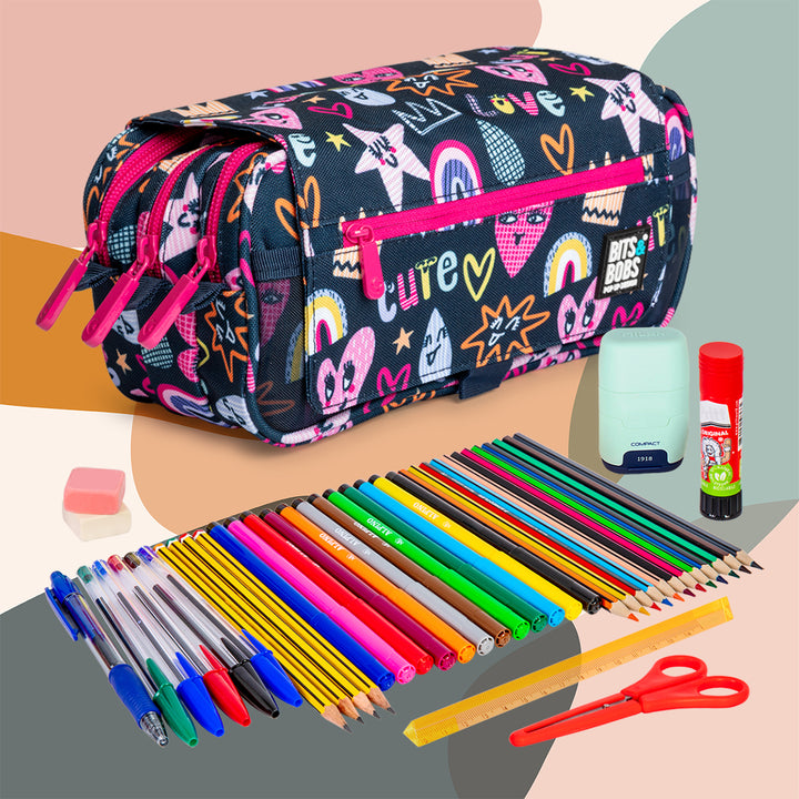 ColePack Design - Estuche Triple de 3 Cremalleras con Material Escolar Incluido. Cute
