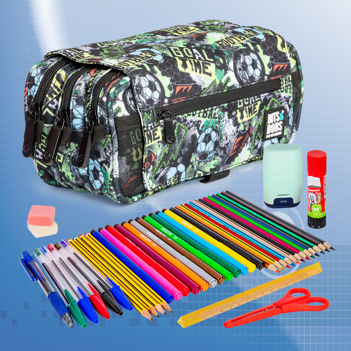 ColePack Design - Estuche Triple de 3 Cremalleras con Material Escolar Incluido. Goal Time