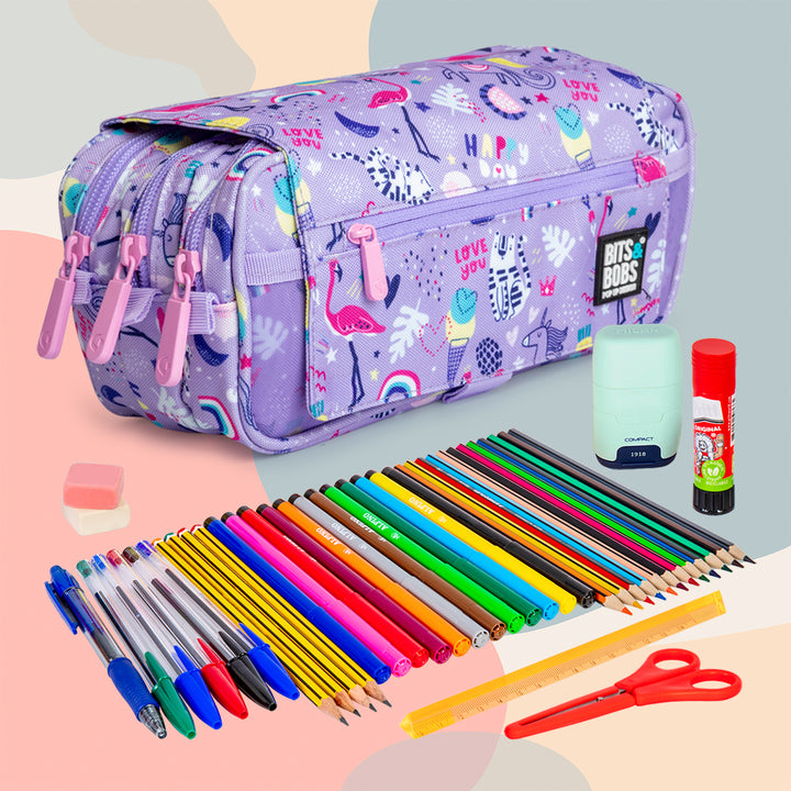 ColePack Design - Estuche Triple de 3 Cremalleras con Material Escolar Incluido. Happy
