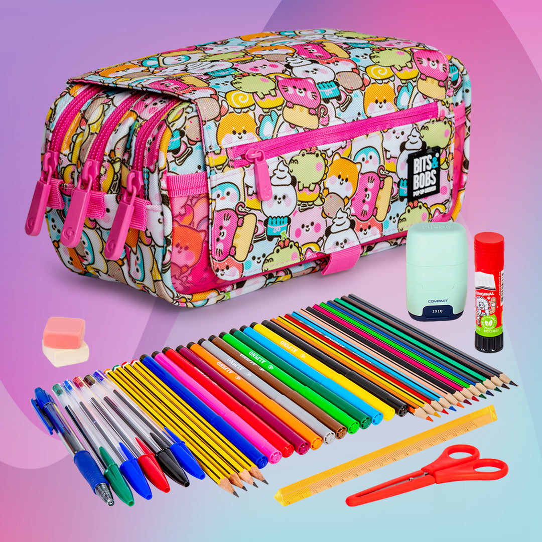 ColePack Design - Estuche Triple de 3 Cremalleras con Material Escolar Incluido. Kawaii