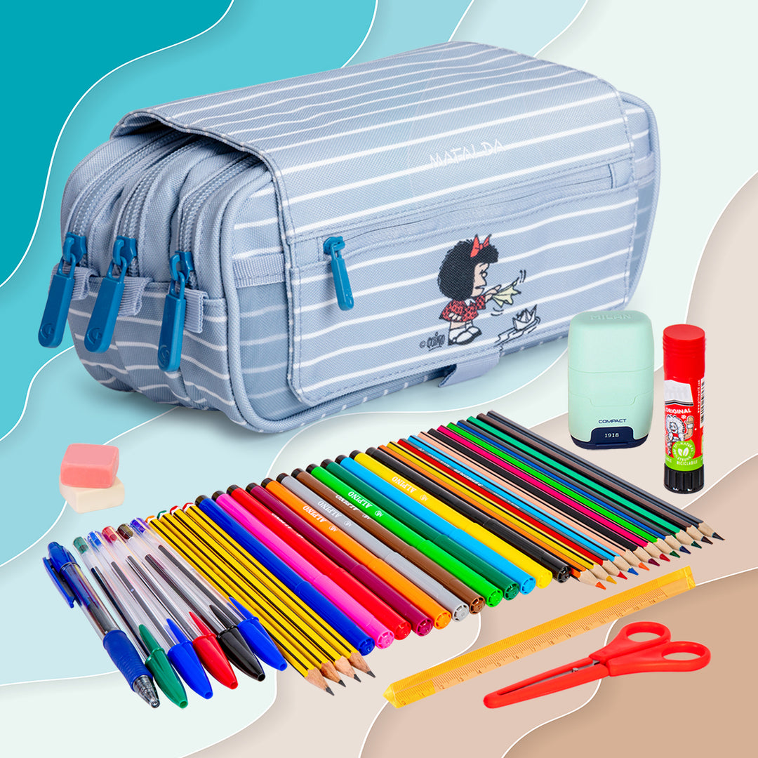 ColePack Design - Estuche Triple de 3 Cremalleras con Material Escolar Incluido. Mafalda Boat