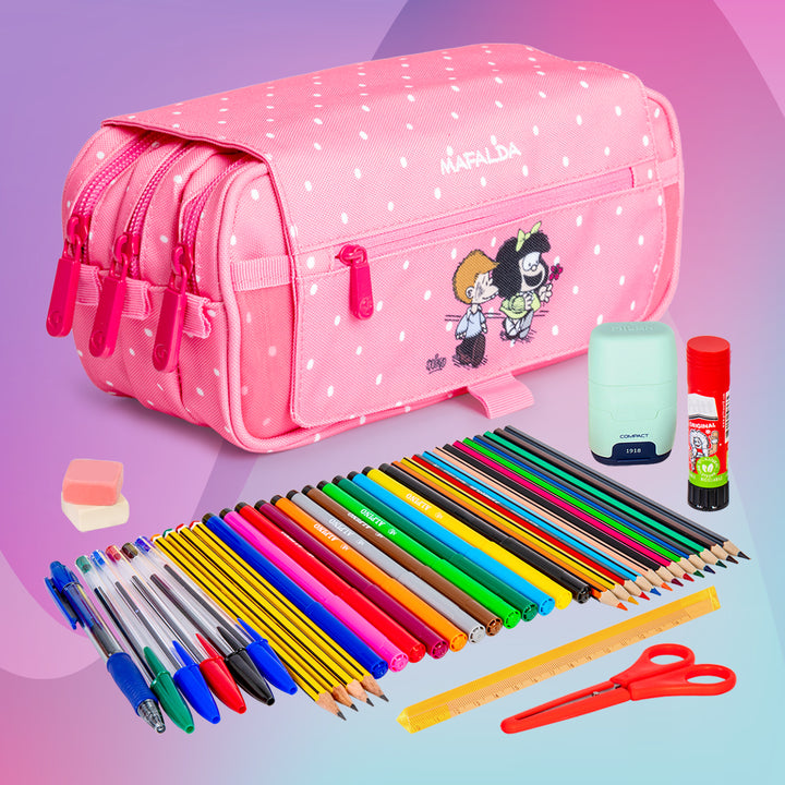 ColePack Design - Estuche Triple de 3 Cremalleras con Material Escolar Incluido. Mafalda Friends
