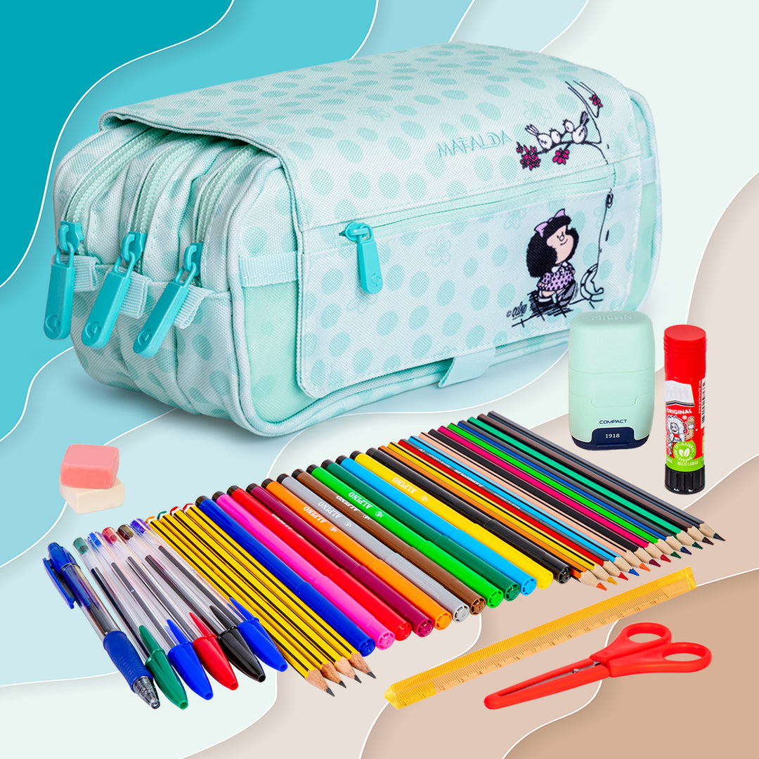 ColePack Design - Estuche Triple de 3 Cremalleras con Material Escolar Incluido. Mafalda Kiss