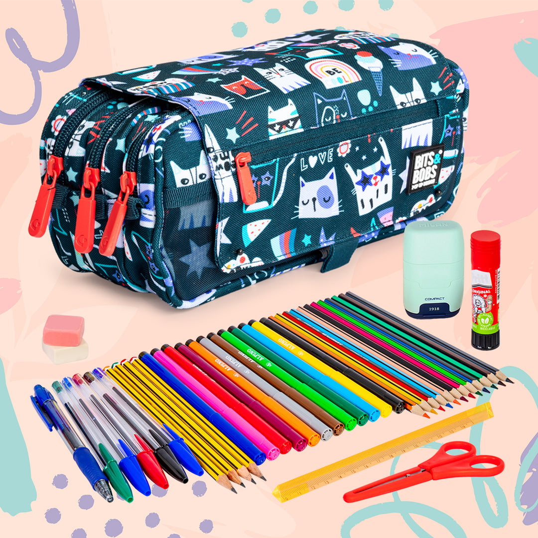 ColePack Design - Estuche Triple de 3 Cremalleras con Material Escolar Incluido. Miau
