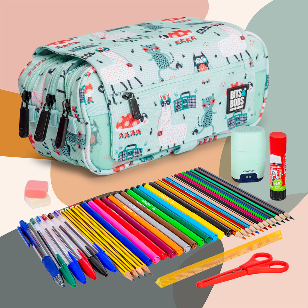 ColePack Design - Estuche Triple de 3 Cremalleras con Material Escolar Incluido. Party