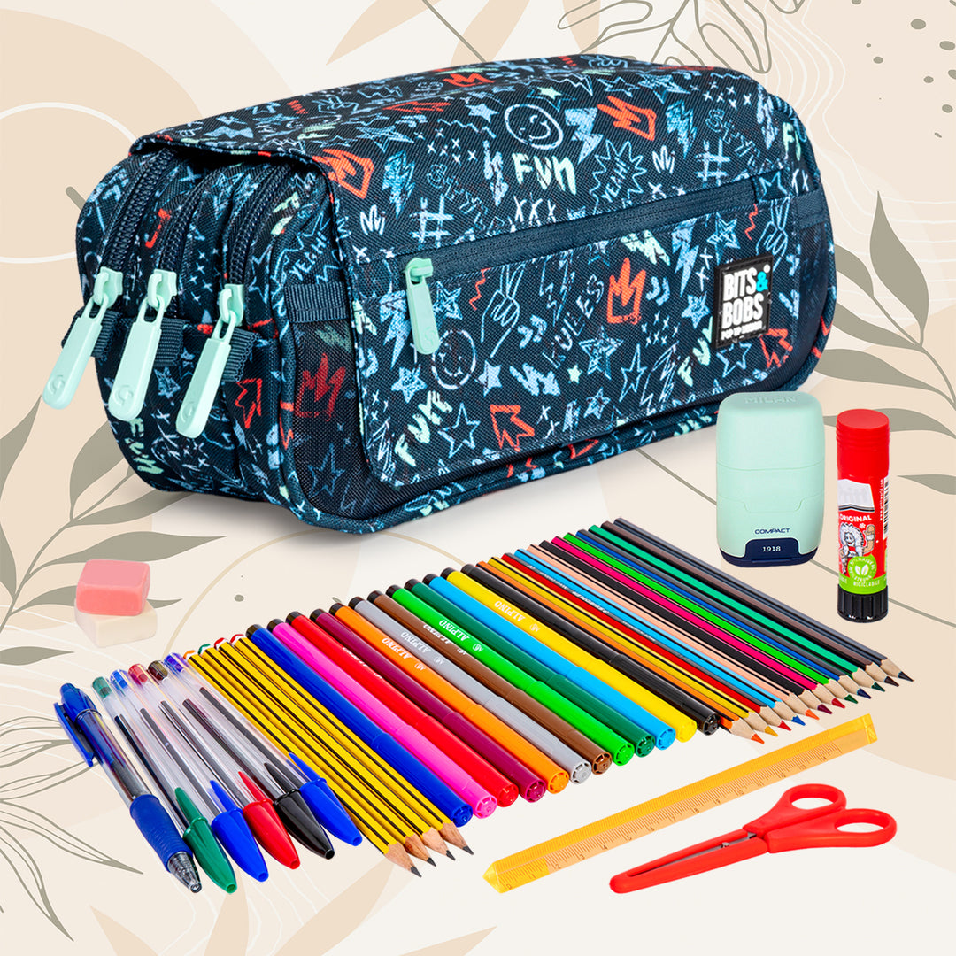 ColePack Design - Estuche Triple de 3 Cremalleras con Material Escolar Incluido. Peace