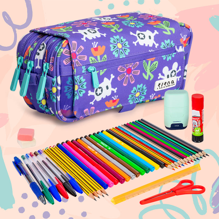 ColePack Design - Estuche Triple de 3 Cremalleras con Material Escolar Incluido. Pirate