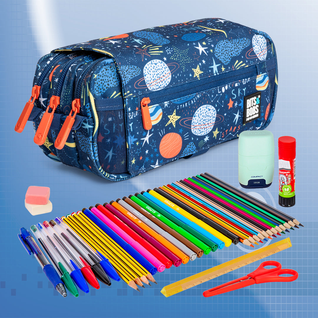 ColePack Design - Estuche Triple de 3 Cremalleras con Material Escolar Incluido. Planets