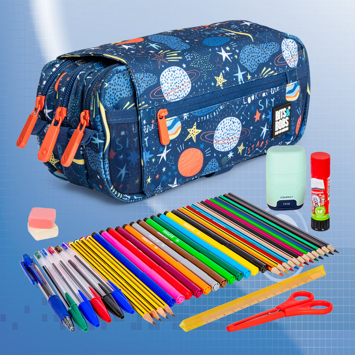 ColePack Design - Estuche Triple de 3 Cremalleras con Material Escolar Incluido. Planets