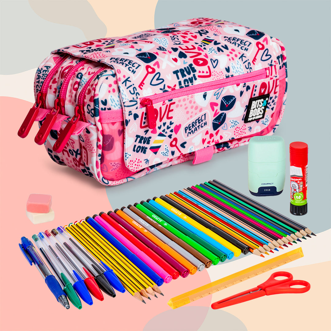 ColePack Design - Estuche Triple de 3 Cremalleras con Material Escolar Incluido. True Love