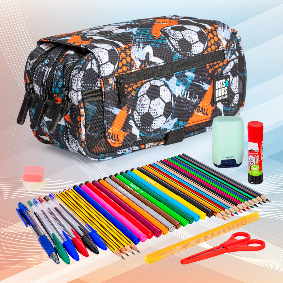 ColePack Design - Estuche Triple de 3 Cremalleras con Material Escolar Incluido. Wild Football