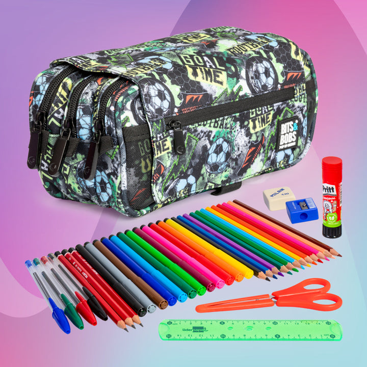 ColePack EcoDes - Estuche Triple de 3 Cremalleras con Material Escolar Incluido. Goal Time