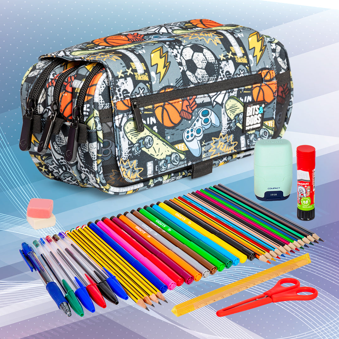 ColePack Design - Estuche Triple de 3 Cremalleras con Material Escolar Incluido. Free Sport
