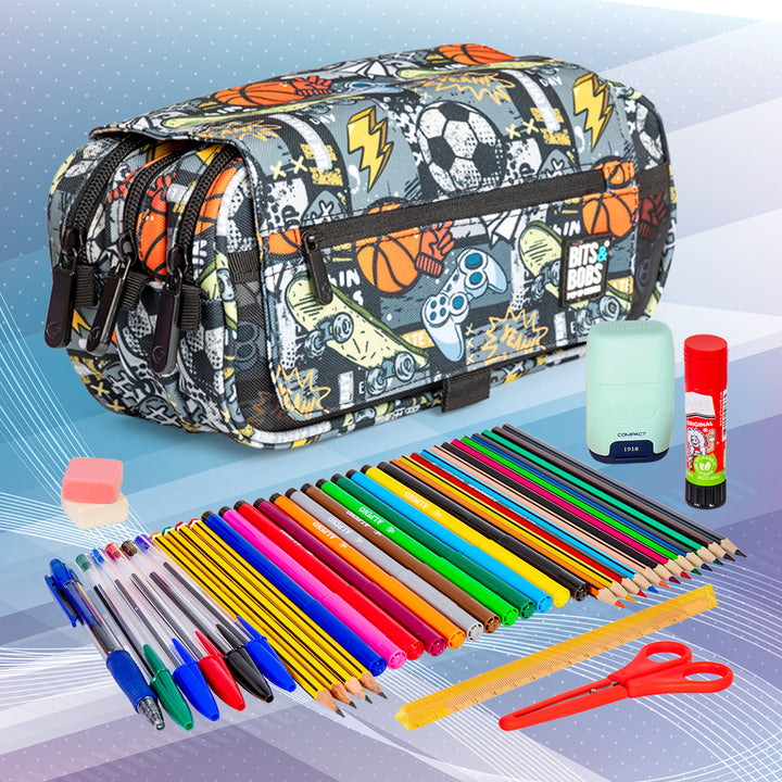 ColePack Design - Estuche Triple de 3 Cremalleras con Material Escolar Incluido. Free Sport